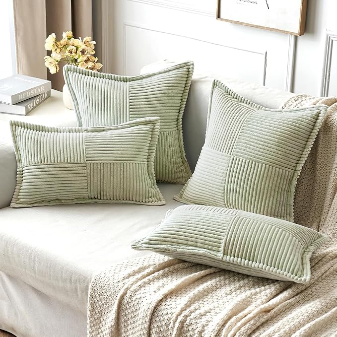 MIULEE Decorative Throw Pillow Covers for Couch 16x16 Inch Light Green | 2 Pack, Boho Broadside Striped Patchwork Pillow Covers, Soft Corduroy Cushion Cases, For Sofa Bed Livingroom Home Decor