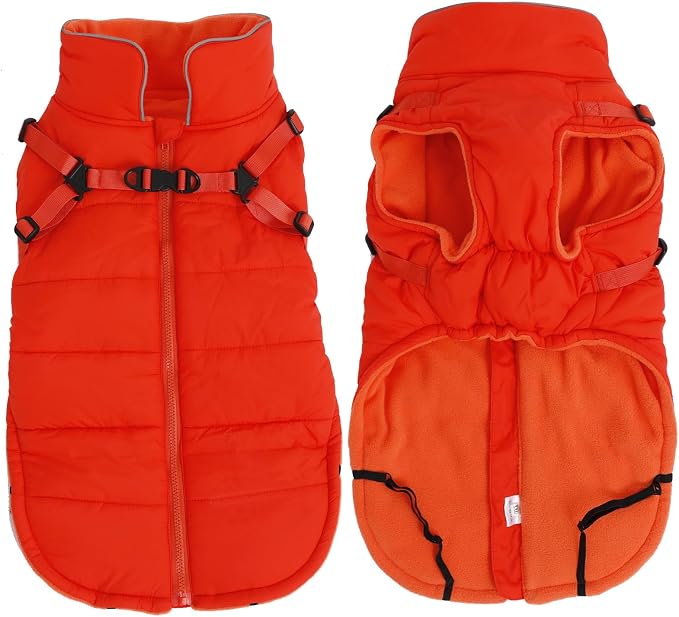 Geyecete Winter Warm Coat Waterproof Dog Winter Jacket with Harness Traction Belt,Windproof Pet Outdoor Jacket Dog Autumn-Orange-M