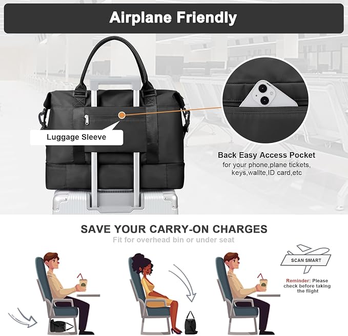 Travel Duffel Bag, Carry On Overnight Weekender Bags for Women | Travel Bag with Wet Pocket & Trolley Sleeve, For Spirit Airlines 18x14x8 Personal Item Bag