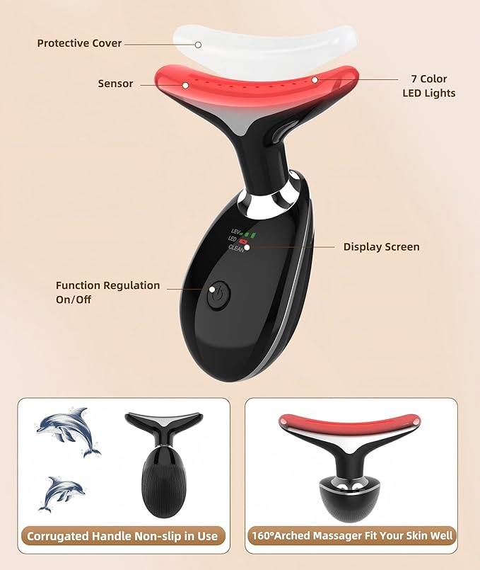 ELISHINE Red Light Therapy for Face and Neck, 7 Color Light Based Face Massager Tool, Portable Skin Care Tool for Firming, Tightening and Lifting (Glossy Black)