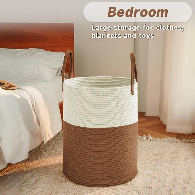 JMvicyroam 100L Cotton Rope Laundry Basket Hamper, White and Brown | Collapsible laundry basket, reinforced handles, freestanding, machine washable, holds 3-5 thick blankets, clothes or toys
