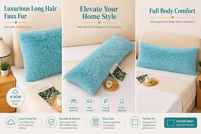 REAFORT Long Hair Faux Fur Body Pillow Cover 21"x54", Hidden Zipper (Aqua) | Ultra-soft long hair faux fur with a hidden zipper offers luxurious comfort and is machine washable for easy care.