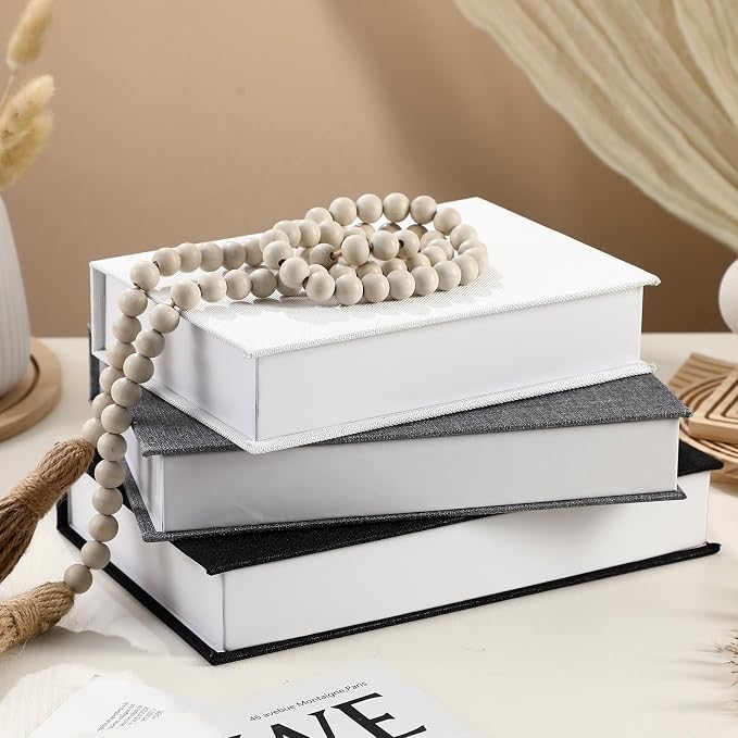 Tioncy 3 Pcs Decor Linen Faux Book Box Set Aesthetic DIY Fake Linen Book Box for Decor Storage Cafe Table Bookshelf Gift Home Keepsake(Multi Sizes,Black, White, Dark Gray)
