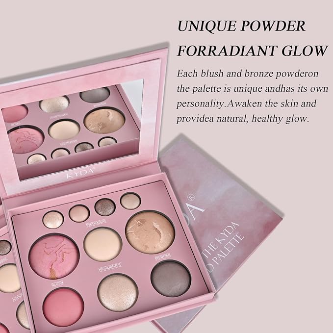 All in One Baked Makeup Palette wiht Bronzer, Highlighter, Blush and Eyeshadow, Highly Pigmented, Long Lasting Travel Compact, Baking Makeup Palette Gift for Women
