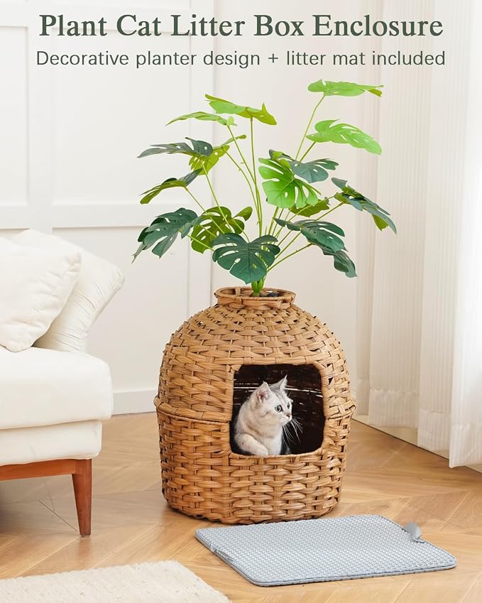 SETVSON Cat Litter Box Enclosure Plant, PE Rattan Kitty House, Natural | Decorative Planter Design, Waterproof Inner PVC Liner, Includes Artificial Plants, Real Stones, Litter Mat, 20x20 Inches