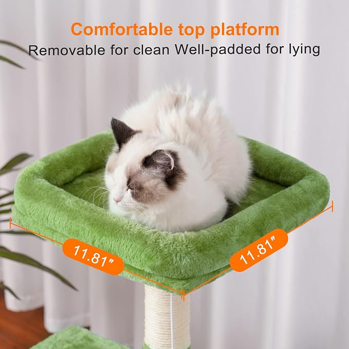 Heybly Cat Tree with Toy, 43.3 inch Cat Tower for Indoor Cats HCT004SGR | Cat Condo with Durable Sisal Scratching Posts, Cat House with Padded Plush Perch, Cozy Hammock, Green