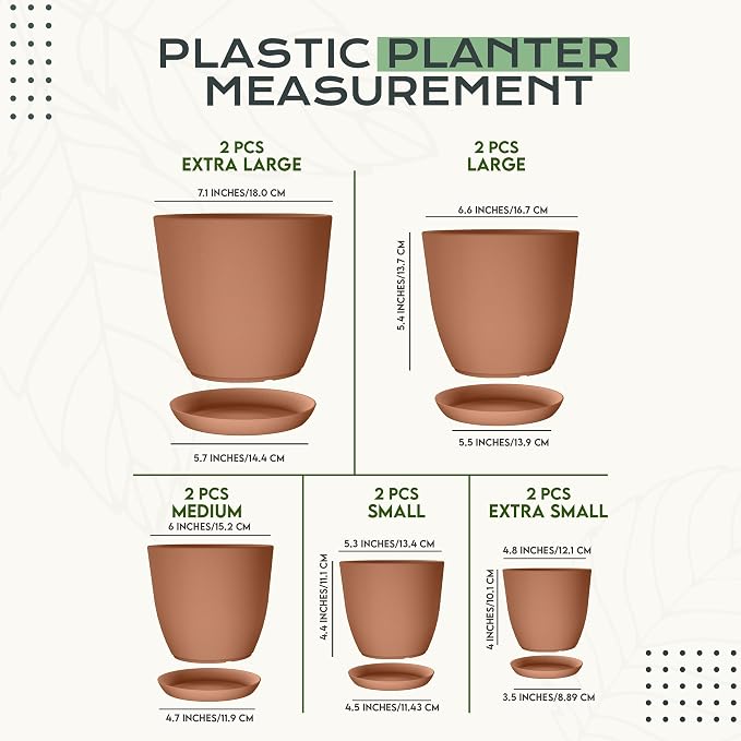 Plant Pots Indoor with Drainage 10 Pack Multi-Size Planters Set Terracotta | Drainage holes included Multiple sizes 7/6.6/6/5.3/4.8 In Indoor plants and flowers Durable plastic construction