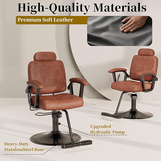 Baasha Premium Brown Reclining Salon Chair with Removable Headrest, All-Purpose Hydraulic Barber Chair, Soft PU Leather, 360° Swivel, 135° Recline, Heavy-Duty Steel Frame, 330 lbs Capacity