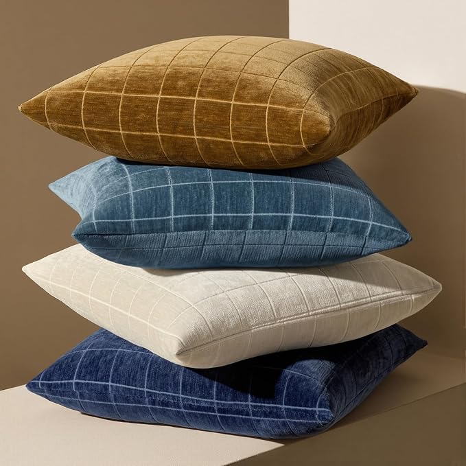 MIULEE Blue Plaid Decorative Throw Pillow Covers 20x20 Set of 2 | Vintage, Check Chenille Couch Pillows, Neutral Boho Farmhouse Cushion Covers, Modern Home Decor for Sofa Bed Living Room