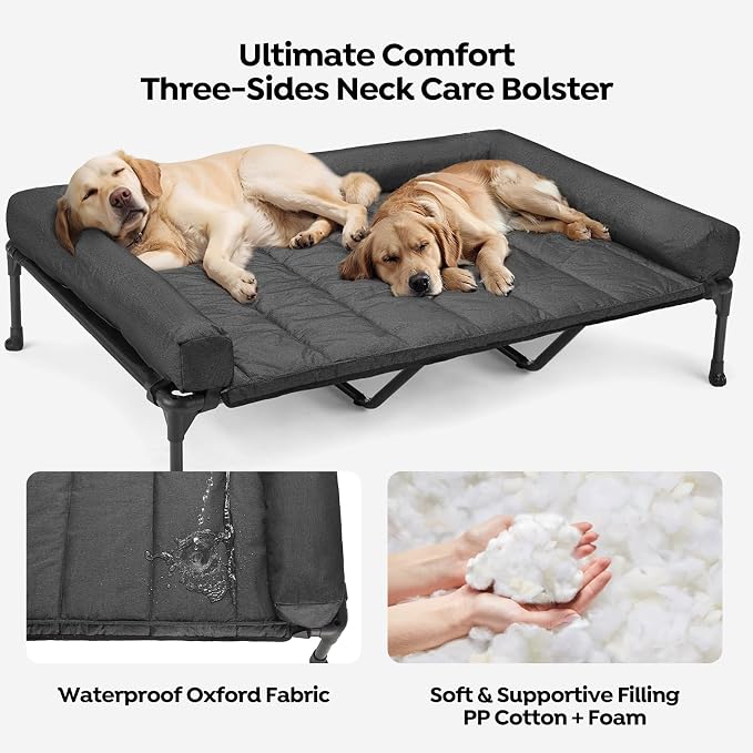 Veehoo Outdoor Elevated Dog Bed with Waterproof Bolster Cushion, Cooling | Raised Dog Bed with Removable & Washable Mat Topper, Breathable Mesh, Dog Couch Cot for Indoor Outdoor, 59", Large, Black