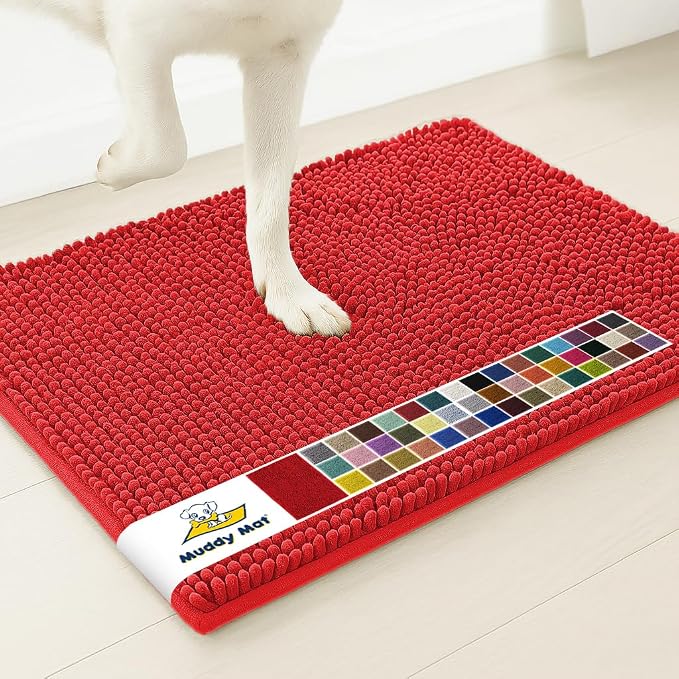 Muddy Mat® | Super Water Absorbent Door Mat Indoor, Microfiber Quick Dry Chenille Entryway Rug, Slip Resistant Front Door Mat, Indoor Mats for Entryway, Machine Washable Pet Rug, Red 24" x 40"