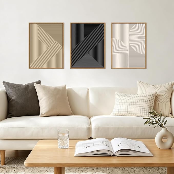 BINCUE Framed Neutral Wall Art Black Geometric Artwork Abstract Wall Decor for Living Room Bathroom Bedroom Office 12x16 Inch Set of 3