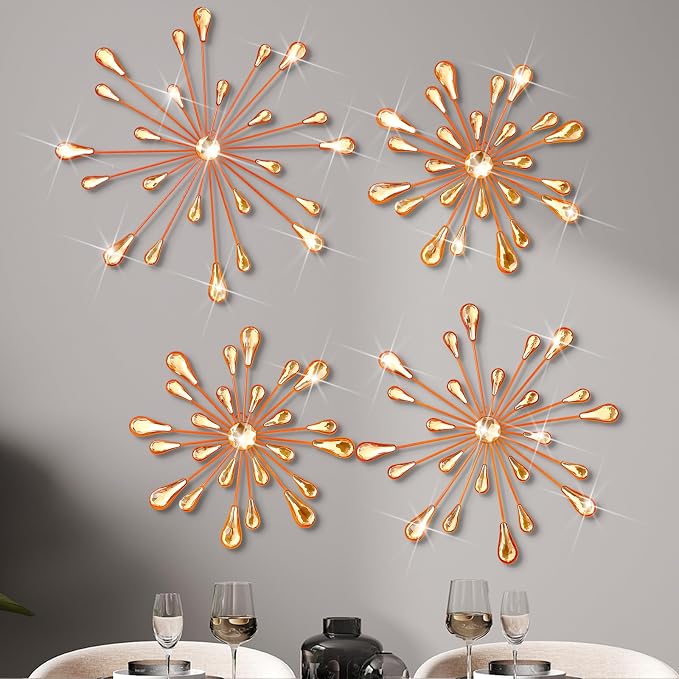 Hicarer 4 Pcs Starburst Wall Decor Bling Wall Art Crystal Teardrop 3D Hanging Rhinestone Radial Metal Artwork Modern Accent Sculptures Decorations for Living Room Home Office Bedroom(Orange)