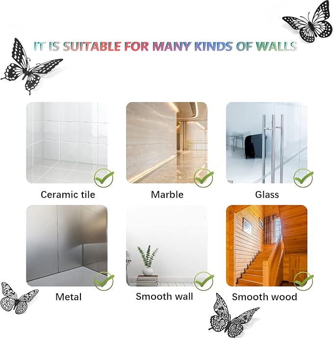 SAOROPEB 3D Butterfly Wall Decor 48 Pcs Black Butterfly Decoration Sticker | 4 Styles 3 Sizes Butterfly Birthday Decorations Butterfly Party Decorations Cake Decorations, Removable Stickers