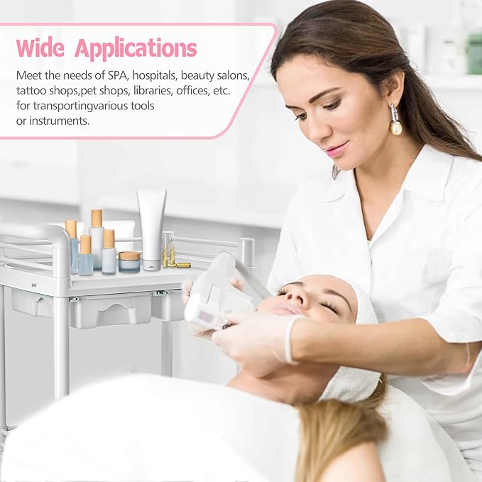 Beauty Trolley Cart with Wheels, Esthetician Cart with Handrail, Bucket and 2 Big Drawer, 2 Tier Heavy Duty Vacuum Therapy Machine Trolley, Load 330lbs, 360° Rotate Silent Wheels
