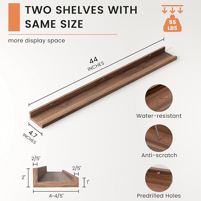 Picture Ledge Shelf, Floating Shelves for Wall, 44" W Set of 2, Walnut | FSC Certified Engineered Wood, Wall Mounted Bookshelf, for Nursery Living Room Bedroom, Pre-Drilled, Easy Install