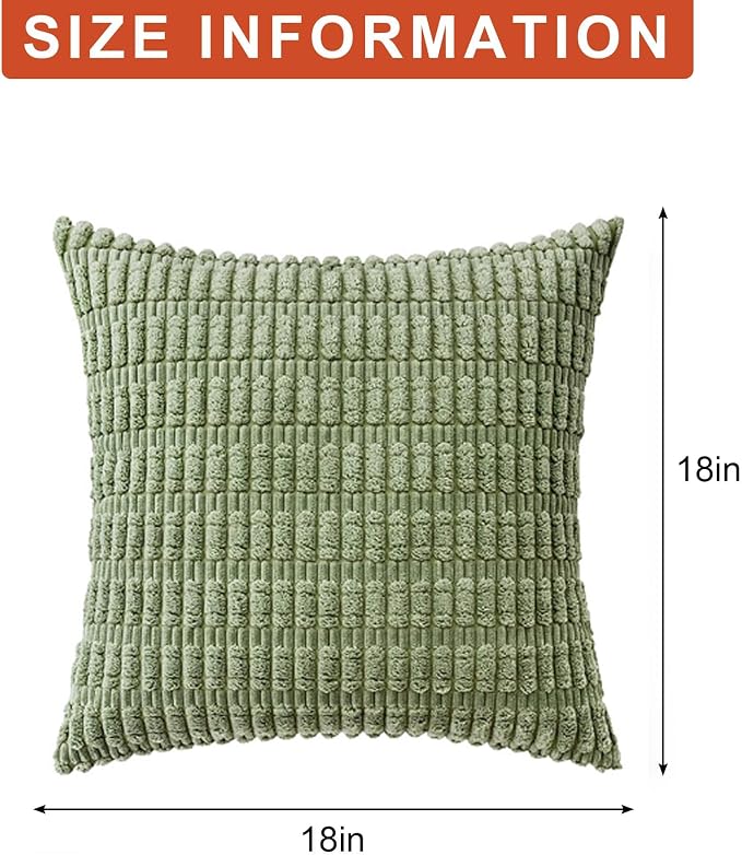 Pack of 2 Corduroy Decorative Throw Pillow Covers 18x18 Inch, Sage Green | Fall Soft Striped Pillow Covers Modern Farmhouse Home Decor Christmas Throw Pillow Covers for Sofa Living Room Couch Bed