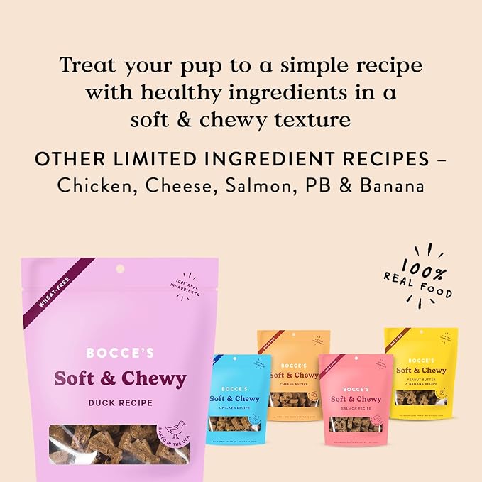 Bocce's Bakery Duck Flavor Soft & Chewy Dog Treats, 6 oz | Oven Baked, Wheat-Free Everyday Dog Treat Cookies - Made with Real, Limited Ingredients and Baked in The USA