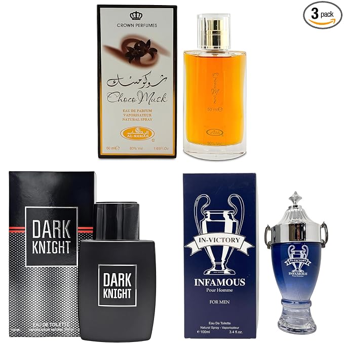 A CENTER 3Pack Men Colognes Choco Musk&Dark Knight&Victory Infamous Eau De Parfume Spray with Woody Floral & Fruity Scent Perfume Gift Set Day to Night Luxury Fragrances