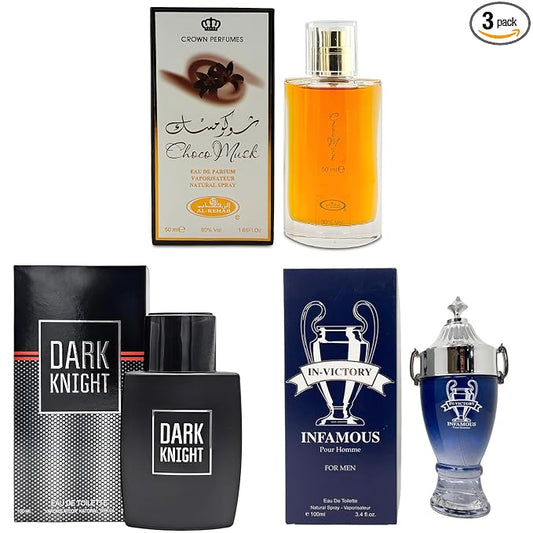 A CENTER 3Pack Men Colognes Choco Musk&Dark Knight&Victory Infamous Eau De Parfume Spray with Woody Floral & Fruity Scent Perfume Gift Set Day to Night Luxury Fragrances