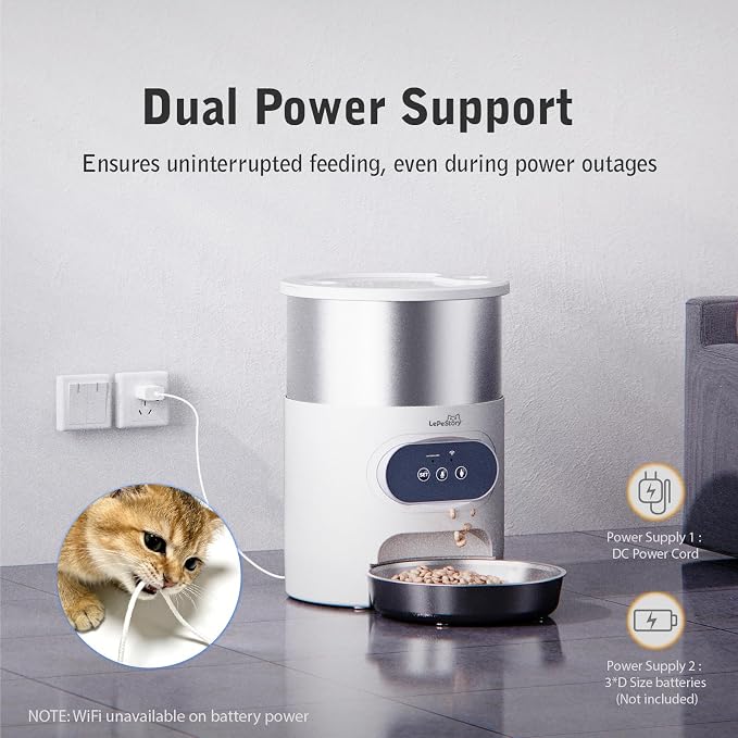Automatic Cat Feeder with App Control Dual Power Supply 3L | Programmable Pet Food Dispenser for Cats & Small Dogs, 10-Second Voice Recording, Portion Control