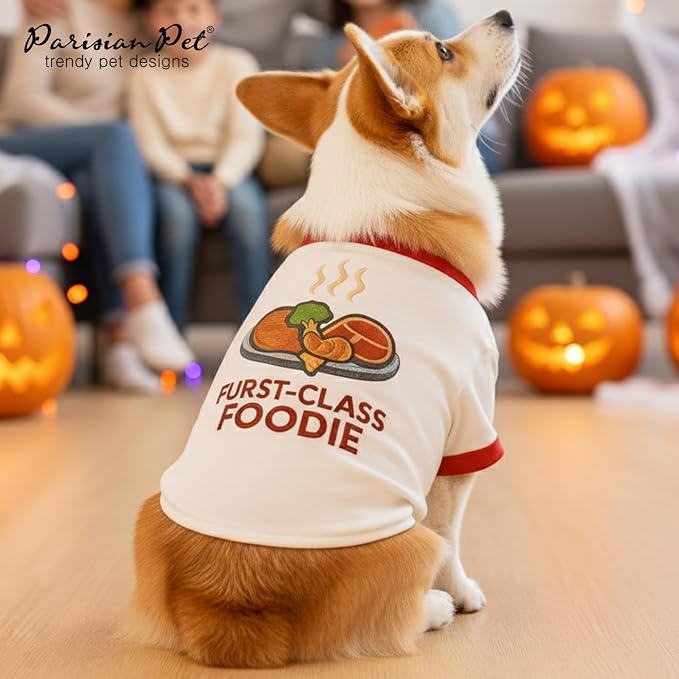 Parisian Pet Dog Furst Class Foodie Shirt - Embroidered Pet Vest - 100% Cotton & Polyester Doggy Shirt - Lightweight Pet Clothes - Sleeved Puppy Costume - Funny Shirts for Small Dogs - S