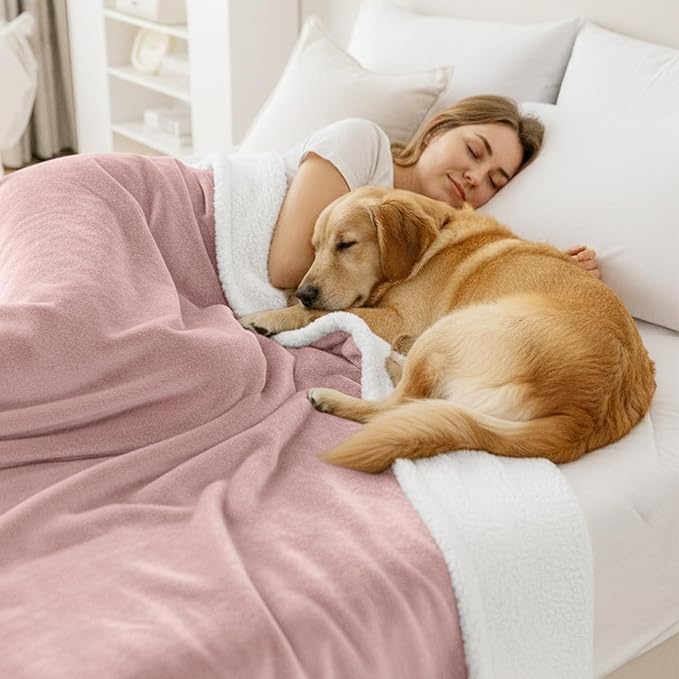 Smiry Waterproof Blanket Throw, Reversible Dog Blanket for Sofa Couch Bed | Soft Leakproof Sherpa Fleece, Washable Furniture Couch Protector for Large Dogs Cats, 50"x60", Pink/White