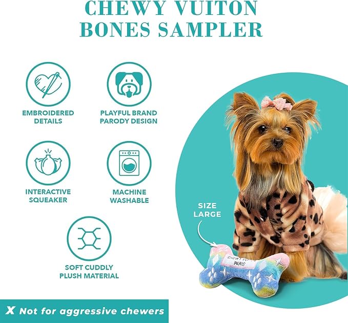 Haute Diggity Dog Chewy Vuiton Bones Plush Dog Toy Set, Designer Parody Toy