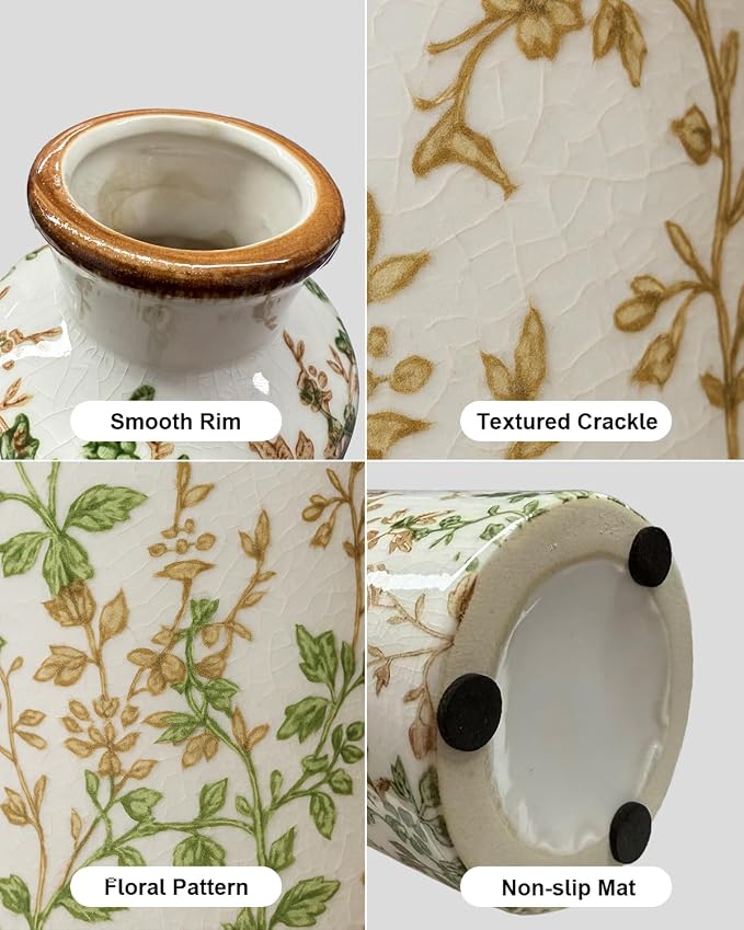 Brown and Green Ceramic Vase Set of 3, Vintage Botanical Vases for Decor | Crackle glaze and distressed rims for Tuscan living rooms, mantels and dining table centerpieces