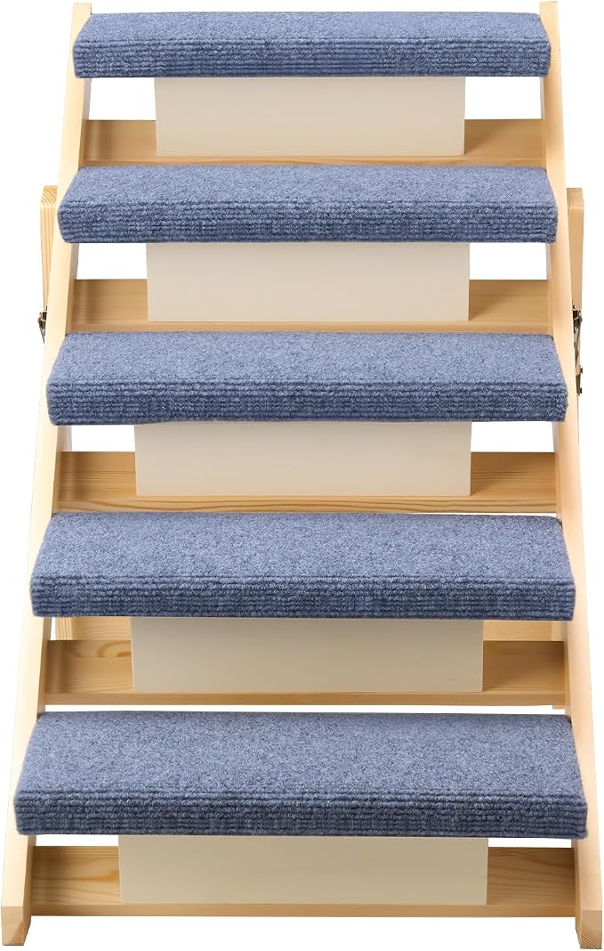VEVOR Wood Pet Stairs, 5-Step Dog Stairs for Beds, Sofa & Cars, Floded Flat | For Small Medium Large Older Pet Puppy Essentials, 150lbs Load Capacity, Stable & Sturdy Cat & Dog Step Ladder, Non-Slip