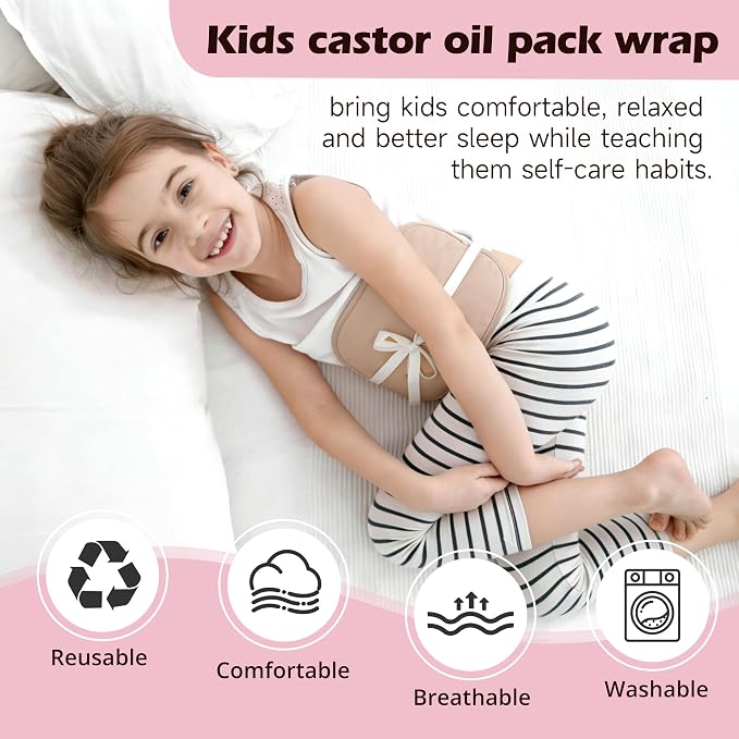 wegreeco Kids Castor Oil Pack Wrap, Reusable Kids Castor Oil Packs for Liver Stomach, Machine Washable Anti Oil Leak 1Pc with Adjustable Strap Rose Gold (Oil Not Included)