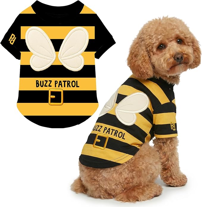Parisian Pet Dog Buzz Patrol Bee Shirt - Embroidered Pet Vest - 100% Cotton & Polyester Doggy Shirt - Lightweight Pet Clothes - Sleeved Puppy Costume - Funny Shirts for Small Dogs - L