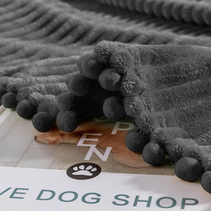 DISSA Fleece Blanket Throw Size – 51x63, Dark Grey – Soft, Plush, Fluffy, Fuzzy, Warm, Cozy – Perfect Throw for Couch, Bed, Sofa - with Pompom Fringe - Flannel Blanket Throw Blanket