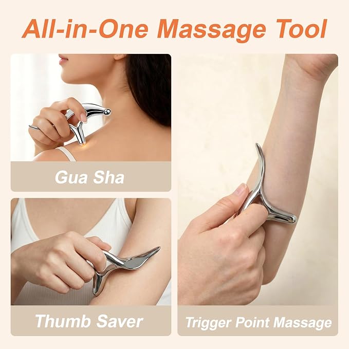 Pressure Point Massage Tool for Deep Tissue - Metal Muscle Scraper Gua Sha Tools for Fascia Release, Thumb Saver Acupressure Tool for Trigger Point & Pain Relief, Travel Pouch