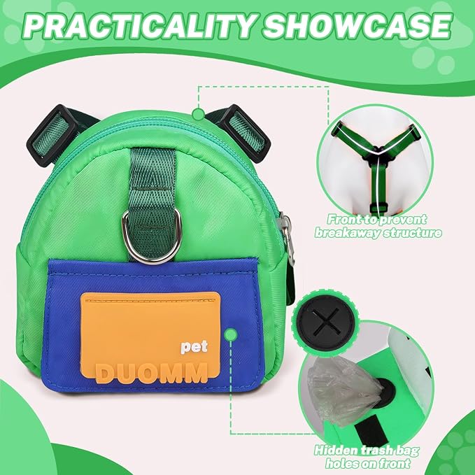 Adjustable Dog Backpack Harness with Leash & Poop Bag Dispenser, Waterproof Dog Saddle Bag, Pets Self Carrier Dog Harness Bag for 17-33 Lb Medium Doggy Travel Hiking Walking (Green)