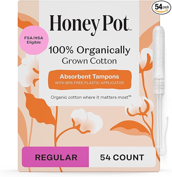 The Honey Pot Company - Regular Absorbency - 100% Organic Cotton Core Tampons w/Bio Plastic Applicator - Feminine Care – Unscented - 54 Count (3 Packs of 18)