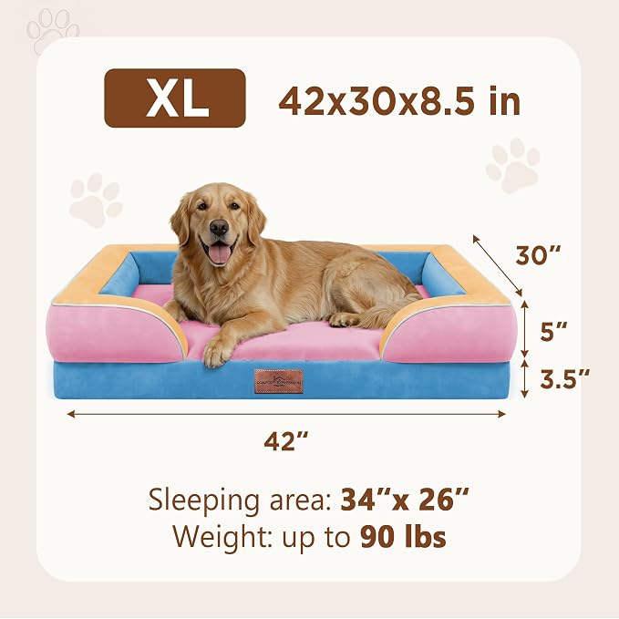 Comfort Expression Orthopedic Dog Bed for Extra Large Dogs with Bolster | Waterproof Dog Couch Bed with Washable Cover & Non-Slip Bottom, Supportive Egg Crate Foam XL Pet Bed, 42x30 Inch