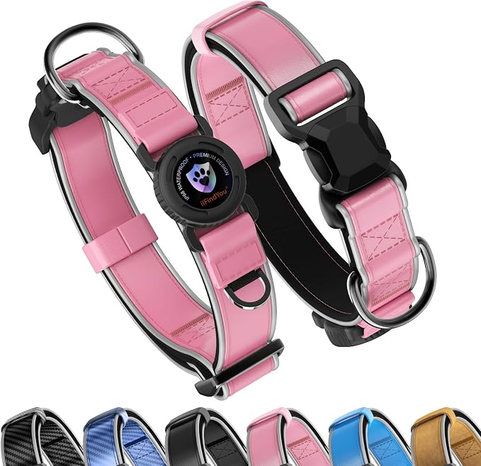 Leather AirTag Dog Collar, Magnetic Buckle, Reflective, Pink S