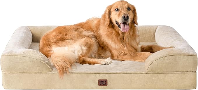 EHEYCIGA Orthopedic Extra Large Dog Bed, Waterproof Washable XL Pet Bed 44" | Non-Slip Bottom and Egg-Crate Memory Foam Big Dog Couch Bed with Washable Removable Cover, Greige, 44Inch