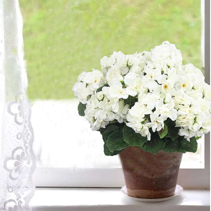 CISDUEO 4 Pcs Artificial Geraniums for Outdoors Silk Flowers Outside White | Faux Flowers Geraniums for Outdoor Planter Floral Home Decor Indoor Garden Patio Grave Cemetary Vase Table Centerpiece
