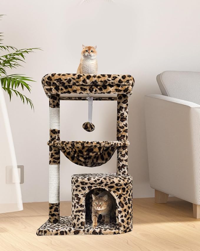 SYANDLVY Small Leopard Print Cat Tree for Indoor Cats, Modern Cat House | Cat Tower with Scratching Post & Padded Perch, Kittens Condo with Cradle, Cat Cave