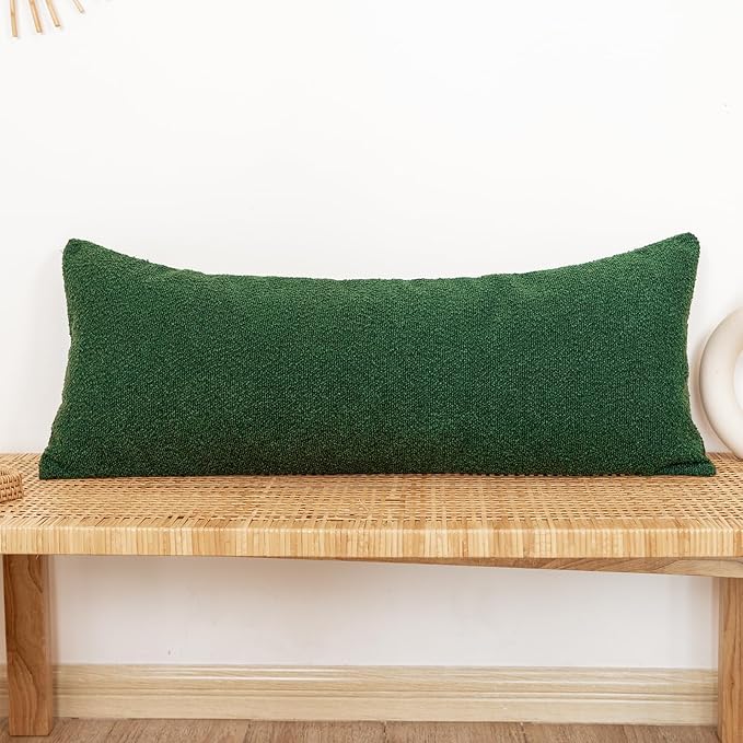 JoraLion 14x36 inch Boucle Lumbar Pillow Cover, Forest Elf Green Woven Texture Neutral Long Pillow Cover Breathable Cushion Case for Couch Sofa Bed Living Room Home Decor (Cover Only)