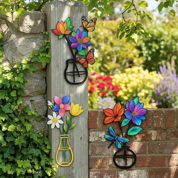 VEWOSTAR 3 Pcs 3D Metal Flowers Wall Art,Outdoor Fence Wall Art Decor | Minimalist Decor for Living Room Bathroom Bedroom Dining Room, Housewarming Gifts Christmas Decoration