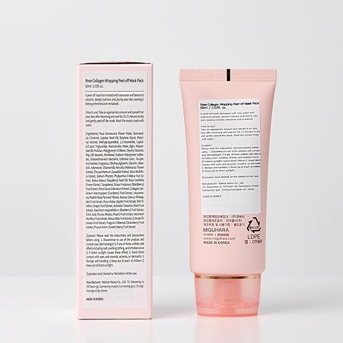 MIGUHARA Rose Collagen Wrapping Peel-Off Mask Pack, Facial Mask with Damask Rose Water, Hydrolyzed Collagen & Botanical Fruit Extracts for Hydrated, Glowing Look & Korean Glass Skin (60ml/2.02 fl.oz.)