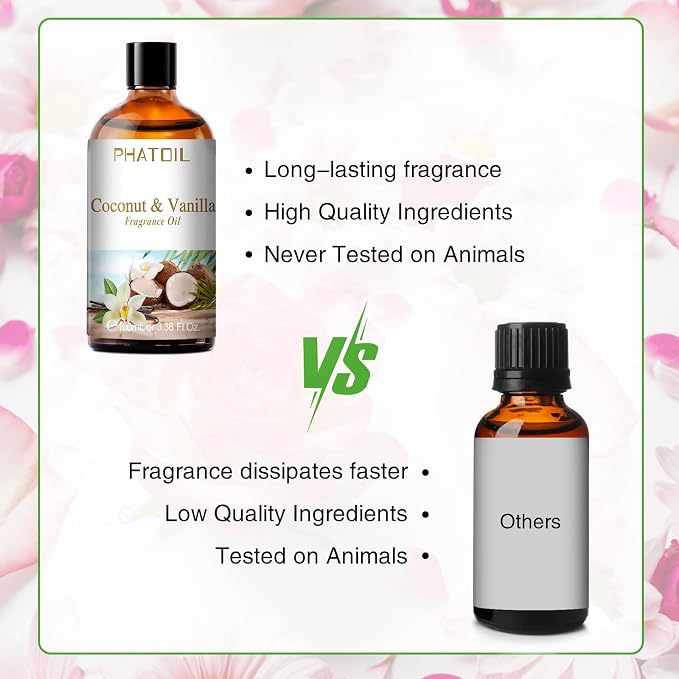 PHATOIL 3.38FL.OZ Coconut & Vanilla Fragrance Oils for Aromatherapy, Long Lasting Scented Oils for Home, Perfect for Diffuser, Yoga, DIY Candle and Soap Making - 100ml