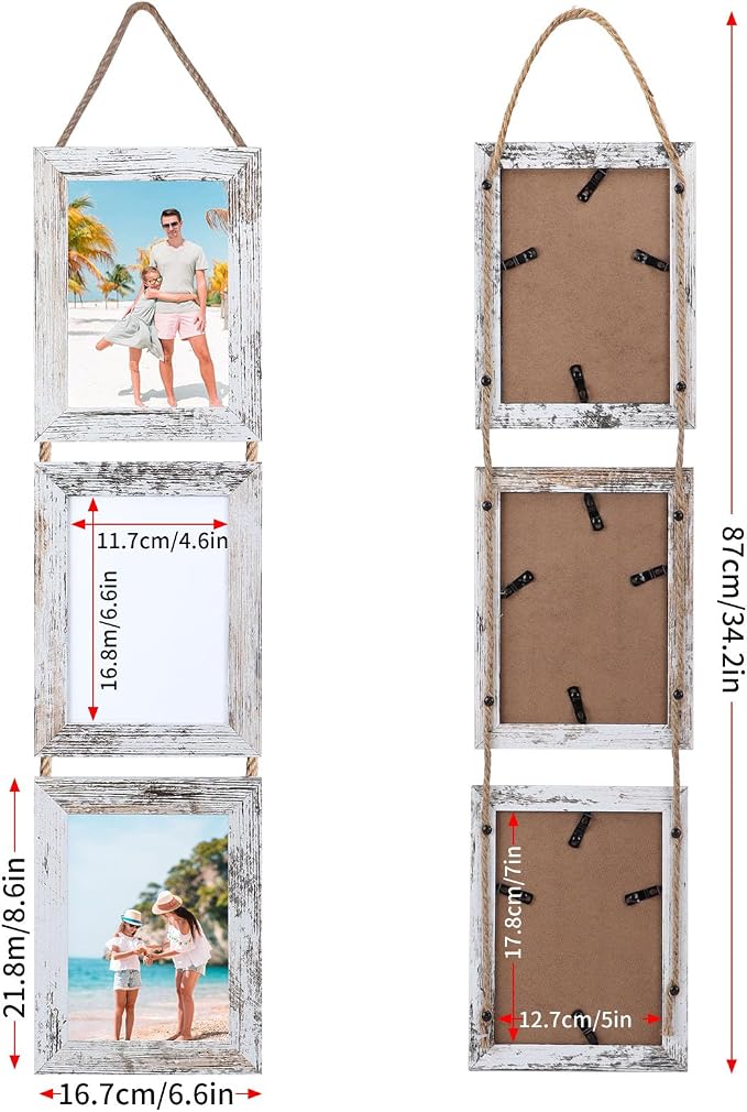 QUTREY 5x7 Collage Picture Frames, 6 Openings Hanging Photo Frame Set Display Vertical 5 by 7 inch Pictures for Wall Decor, Distressed White, 2 Pack