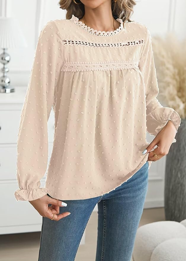 Womens Boho Tops Long Sleeve Shirts For Women Cute Crewneck Blouse Dressy Casual Swiss Dot Crochet Hollow Top 2026