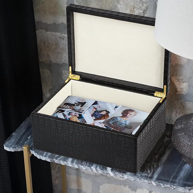 HofferRuffer Faux Leather Decorative Box, Large Wooden Structure Keepsake Box Accessory Organizer Jewelry Organizer with Hinged Lid, Storage Container for Home or Office (CrocoBlack)