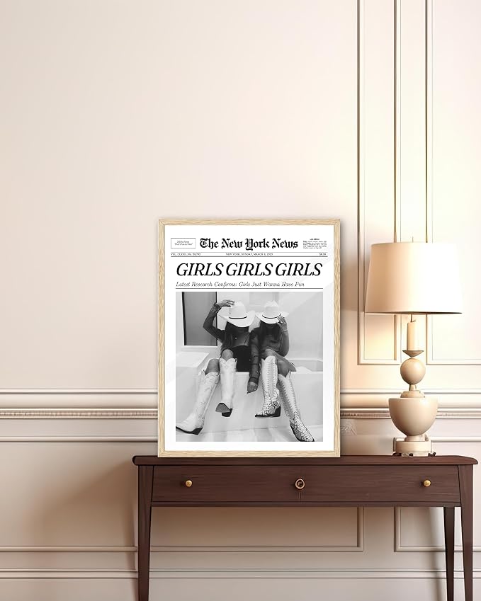 iHery 8x10in Girls Just Wanna Have Fun Framed Newspaper Wall Art | Natural OAK Wood Frame with Canvas Print, Western Cowgirl Decor for Bedroom, Dorm, Living Room and Bar Cart, 1Pack