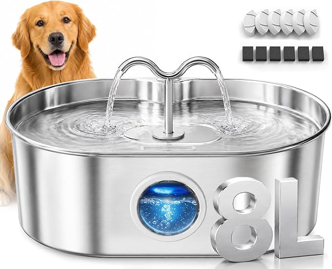8L/270oz/2Gallon Stainless Steel Dog Water Fountain Pet Fountain | Automatic Pet Water Dispenser - Self-Designed Filtration System - Ultra-Quiet Pump - Easy Cleaning & Maintenance (6 Filters)